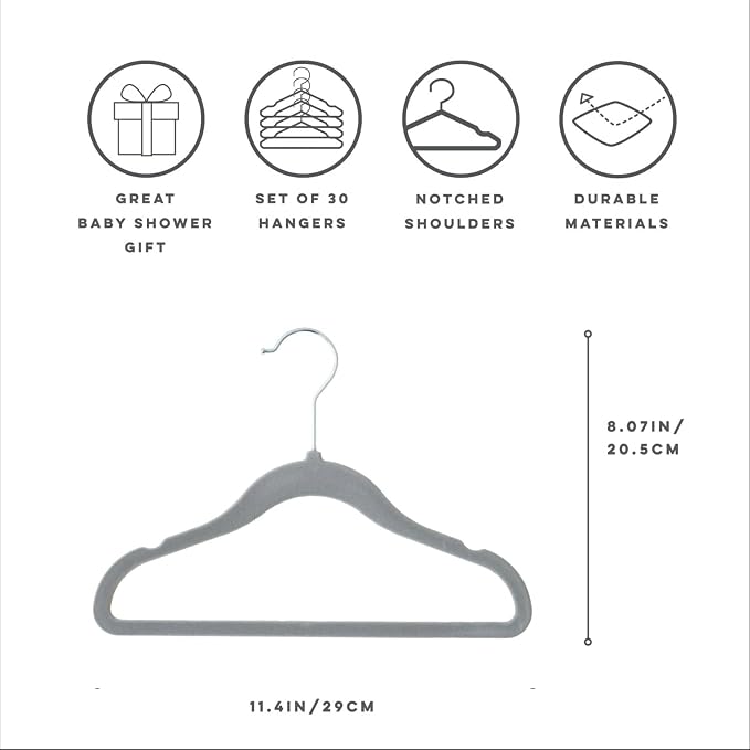 3 Sprouts Velvet Baby Hangers, Non Slip Slim, Dark Gray, 30 Pack | Non-slip velvet, Notched shoulders, 360-degree swivel hook, 11.75 x 8 in, Infant and toddler clothes, Soft colors for nursery - Image 2