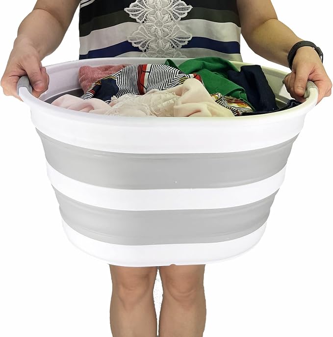 SAMMART Collapsible Plastic Oval Laundry Basket 23L (6 Gallons) -Foldable Storage Container/Organizer - Portable Washing Tub - Space Saving Hamper for Laundry, Camping & Home (White/Grey) - Image 7