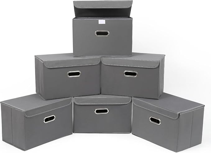 STOREONE Fabric Storage Cube Bins Foldable Organizer Container Collapsible Basket with Lids and Metal Handles, for Home, Bedroom, Closet 6 Pcs (Grey) by STOREONE
