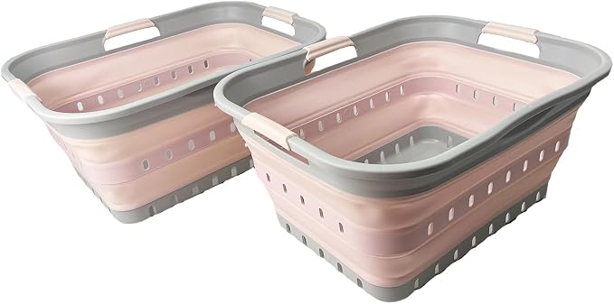 SAMMART 42 (11 Gallons) Collapsible Plastic Laundry Basket, Foldable Pop Up Storage Container/Organizer, Space Saving Hamper, Portable Bin for Dorm Room Bathroom (2, Grey/Pink) by SAMMART