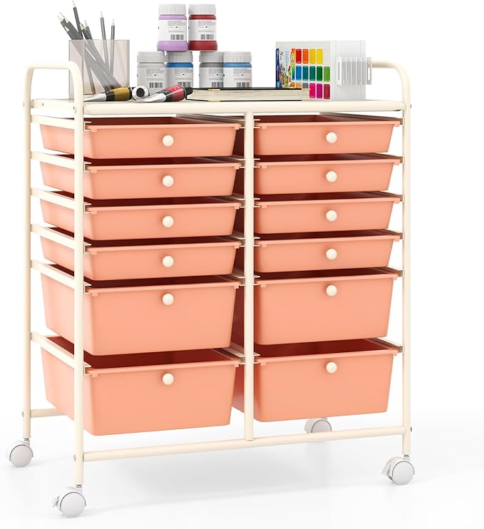 Giantex 12 Drawers Rolling Storage Cart, Classroom Organizers with Wheels for Tools Scrapbook Craft Paper Teacher Office School Supplies (Peach Fuzz) by Giantex