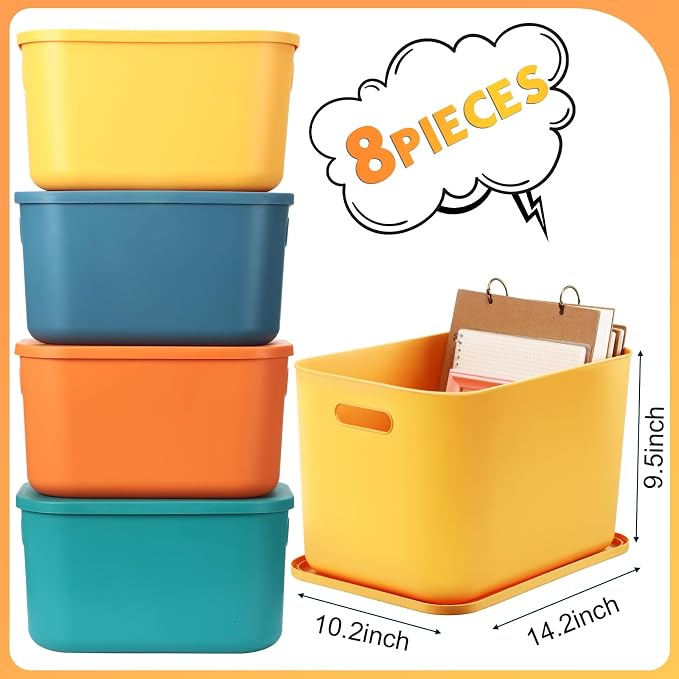 8 Pack Storage Bins, 14.2 X 10.2 X 9.5 Inch Multi-colored | Plastic Stackable Containers with Lid Handle, For Shelves Desktop Playroom Office, Organizing Toys Books Supplies Storage - Image 2