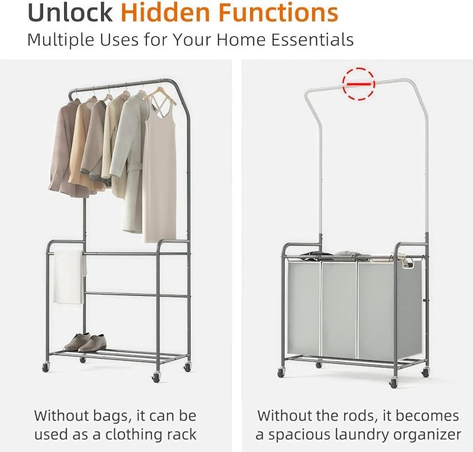 ROMOON Laundry Sorter Hamper with Hanging Bar, 3 Section Laundry Cart | Rolling Laundry Basket Organizer with Clothes Rack & Heavy-Duty Lockable Wheels for Apartment, Dorm, Small Spaces, 135L, Grey - Image 3