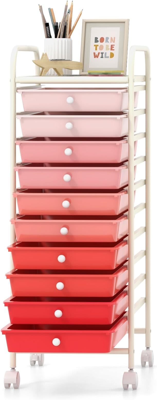 GOFLAME 10-Drawer Rolling Storage Drawer Cart, Utility Cart with Removable Drawers & Metal Frame, Mobile Art Craft Drawer Cart with Lockable Wheels for Home, Office, Studio, School, Pink by GOFLAME