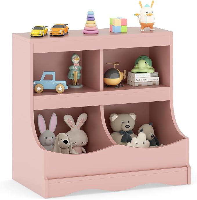 HONEY JOY Kids Toy Storage Organizer, 4-Cubby Wooden Bookcase Cabinet, 2-Tier Open Daycare Shelf for Preschool, Kids Display Bookshelf for Bedroom, Playroom, Classroom & Nursery (Pink) by HONEYJOY