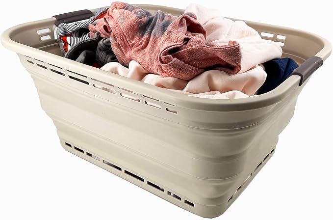 SAMMART 42L (11 Gallons) Collapsible Plastic Laundry Basket - Foldable Pop Up Storage Container/Organizer - Portable Washing Tub - Space Saving Hamper/Basket [BPA Free] (Apricot/Brown) - Image 7