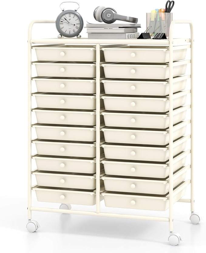 RELAX4LIFE 20-Drawer Rolling Storage Cart - Mobile Rolling Cart w/Drawers for School Classroom Teacher Office Home Salon, Paper File Art Supply Craft Organizer, Utility Cart on Wheels (Ivory) by RELAX4LIFE
