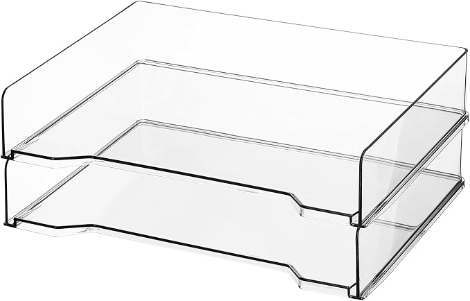 DoubleFill 2 Pcs Stackable Letter Tray Plastic Paper Tray, Clear | 13 x 9.5 x 2.6 In, Rectangular, Paper Holder, File Tray for Desktop Office Desk Drawers by DoubleFill