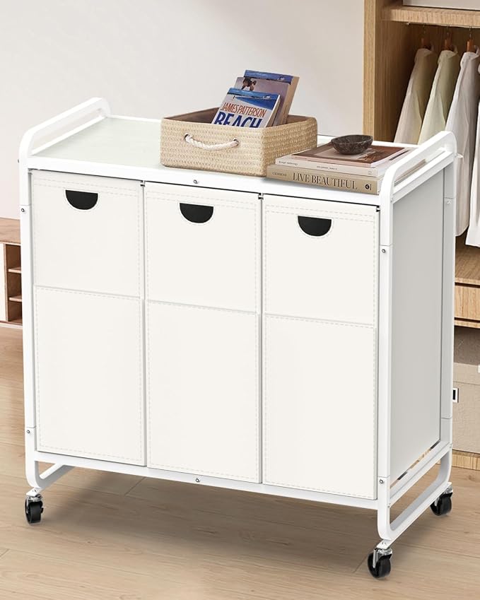 Laundry Hamper 3 Section,Laundry Basket with Wheels,3×15.8 Gal (60L) White | Laundry Room Organization with Wooden Desktop Shelf,Pull-Out and Removable 900D Oxford Fabric Laundry Bags for Laundry Room - Image 9
