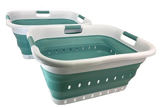 SAMMART 41L (10.8 Gallons) Collapsible 3 Handled Plastic Laundry Basket - Foldable Pop Up Storage Container/Organizer - Space Saving Hamper/Basket (2, White/Celadon Green) by SAMMART