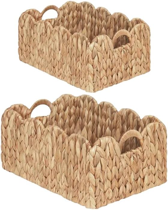 iEGrow Scalloped Wicker Basket, Set of 2 Woven Rattan Natural Water Hyacinth Baskets with Built-in Handles, Rectangle Storage Baskets for Organizing, Decor, Shelf and Nursery Room by iEGrow