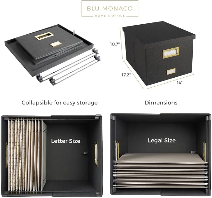 BLU MONACO | Desktop Hanging File Organizer Box with Lid | Hanging File Organizer for Desk in Grey Linen | File Bins with Lids for School and Office Storage - Image 5