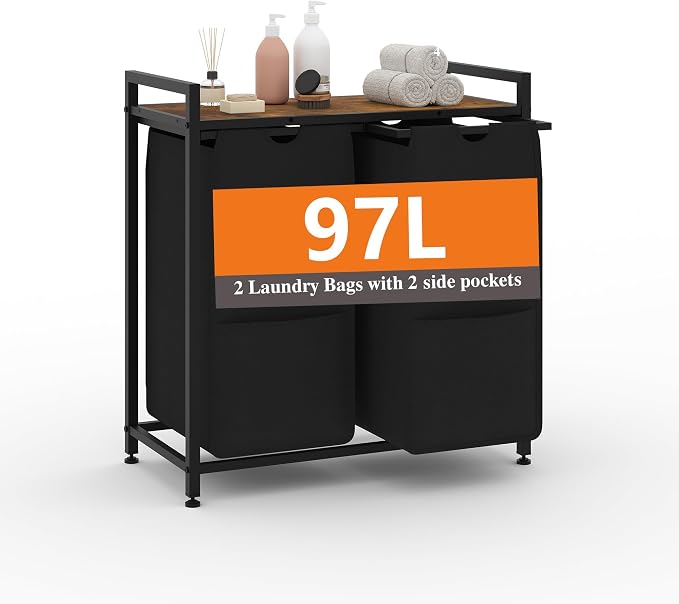 Garvee 97L Laundry Basket 2 Section, Laundry Hamper with Shelf & 2 Removable Bags, Dirty Clothes Basket Organizer for Bathroom Bedroom Room Organization, 2 x 12.8 Gal (48.5L), Rustic Brown + Black | Laundry Basket with Shelf & 2 Removable Bags, Dirty C... by Garvee