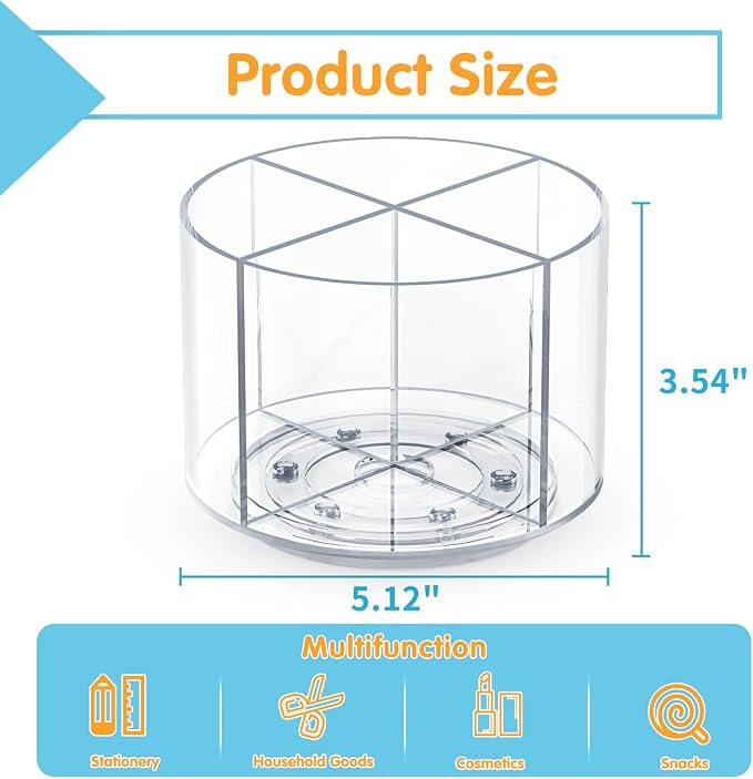 Mefirt Acrylic Pen Holder, 360 Degree Marker Organizer for Desk, Rotating Desk Storage With 4 Compartments, Art Supply Crayon Holder for Office School Home, Clear - Image 3