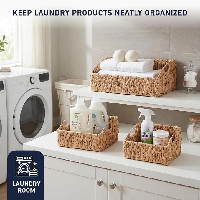 Ornavo Home 3-Pack Water Hyacinth Storage Baskets with Handles, Natural | Handwoven Decorative Natural Organizer For Shelves, Pantry, Closet Or Living Room - Image 7