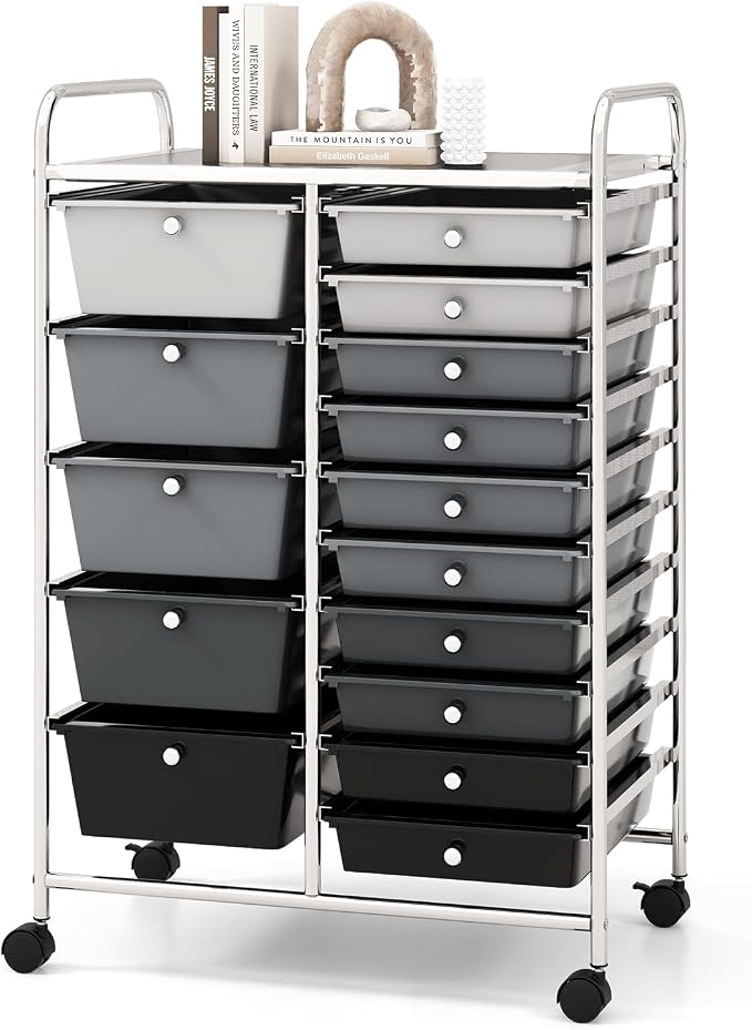 COSTWAY 15 Drawer Rolling Storage Cart, Mobile Storage Organizer | Removable Drawers & Metal Frame, Multipurpose Utility Tools Paper Organizer on Wheels for Home, Office (Mixed Black) by COSTWAY