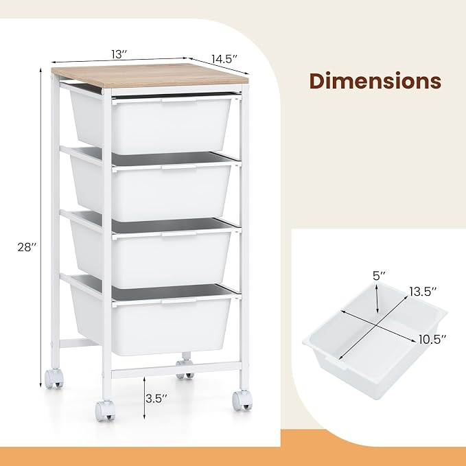 Giantex Rolling Storage Cart with 4 Drawers, Utility Cart w/Wooden Tabletop, Lockable Wheels, Multipurpose Organizer for Art Craft Scrapbook Paper, Drawer Carts for Dorm Classroom Office, White - Image 3