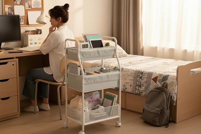Rolling Utility Cart with Wheels, 3-Tier Diaper Cart, Rolling Nursery Cart & Baby Caddy Organizer for Nursery Essentials, Bedside/Postpartum Cart, Craft & Art Storage, Rolling Book Cart - Image 4
