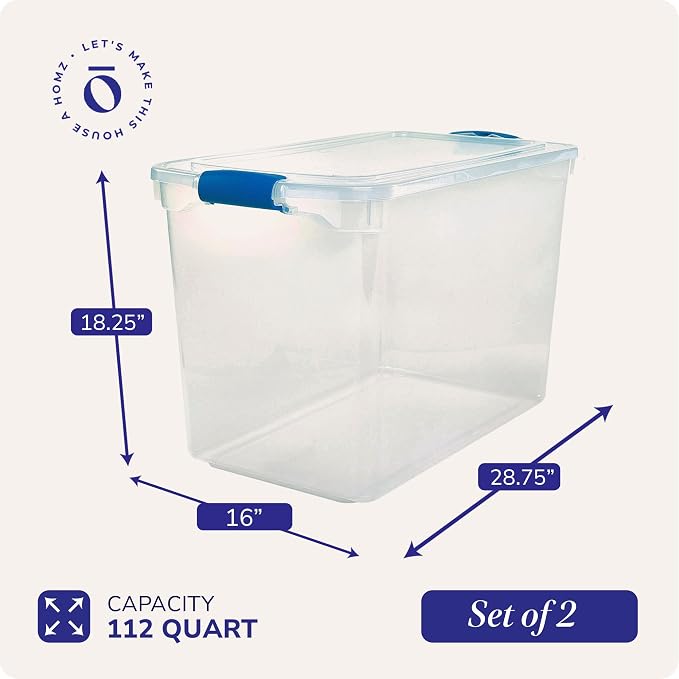 HOMZ Clear Plastic Storage Bins w/Latching Lid, 112 Qt, Blue Latch, 2 Pack | Stackable Organizing Containers for Home, Garage, and Office - Image 4