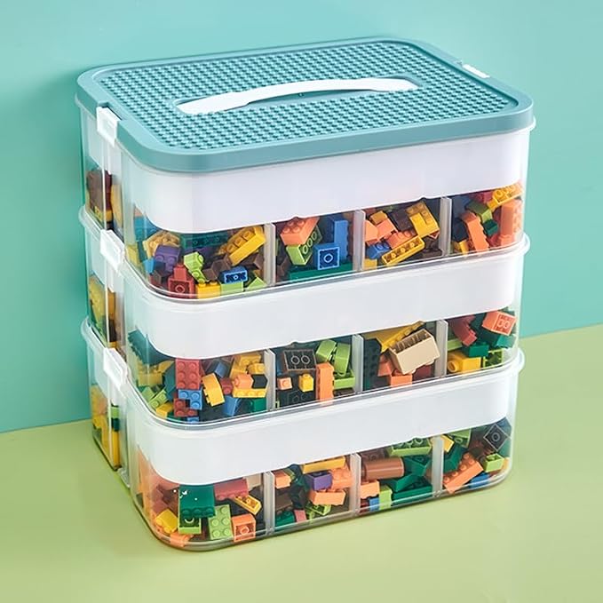 Toys Organizer Storage Case for Lego Box Kids Toy Stackable Building Blocks with Lids Bins Adjustable Lego Storage Containers Plastic Toy Box 3 Layer (Green) by joyingbaby