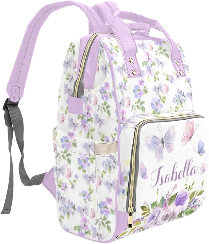 Personalized Diaper Bag Customized Floral Purple Butterfly Waterproof Nursing Bags Custom Mommy Daypack with Name for Travel Outside Daily Use - Image 3