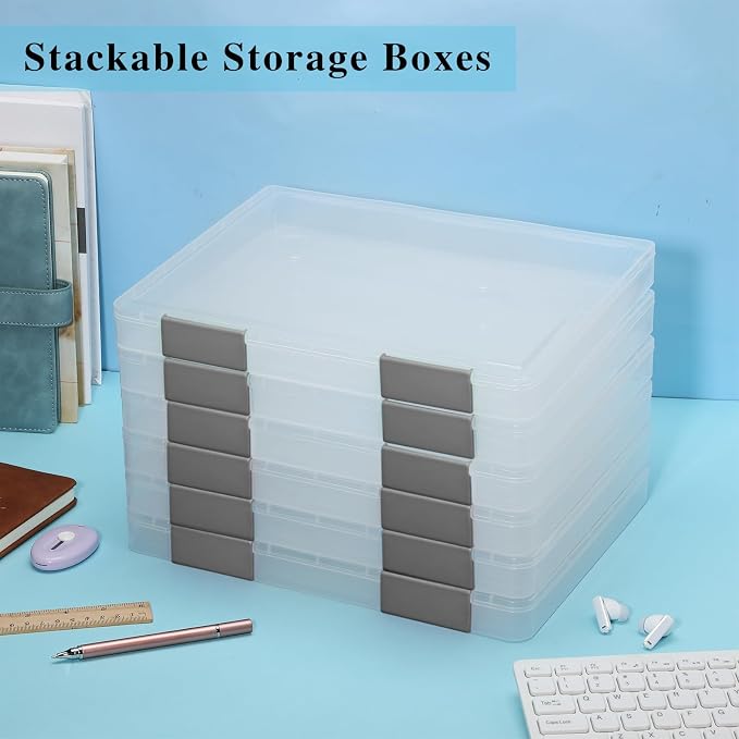 6 Pcs Clear Paper Storage Box,12.4 x 9.84 x 1.18 Inches,Gray | A4 Plastic File Box Document Paper Organizer Storage Board Game Project Cases Containers with Buckle for Craft, Magazine - Image 6