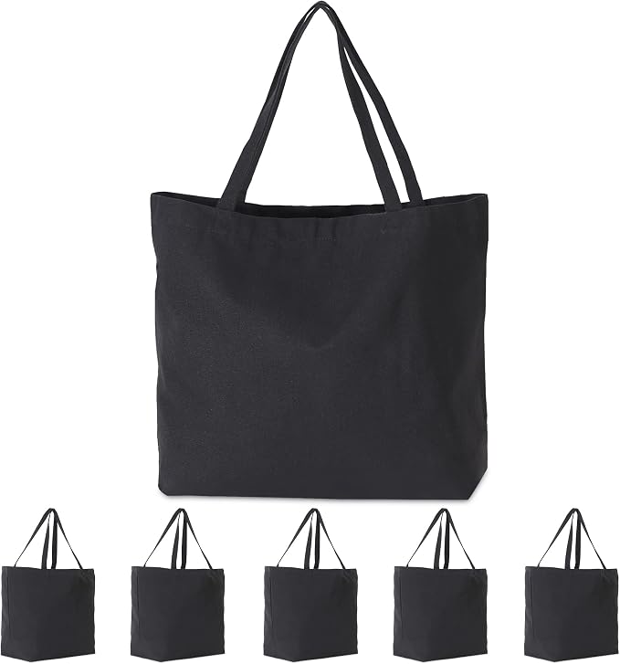 Koolmox 6-PACK 22x16x7.8'' Extra Large Canvas Tote Bags Bulk 12Oz Thick Heavy Duty Reinforced Handles, Blank Black Canvas Grocery Bag Multi Purpose Tote Travel Beach Tote bag Shopping Bags by Koolmox