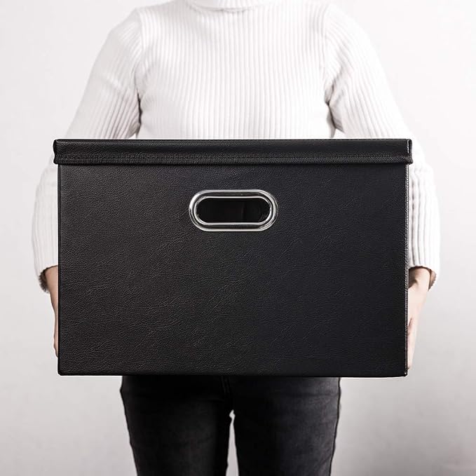 Large Collapsible Storage Bin with Lid [1-Pack] Leather Fabric Foldable Storage Box Organizer Containes Basket Cube with Cover for Home Bedroom Closet Office Nursery Black (17.7x11.8x11.8) - Image 7