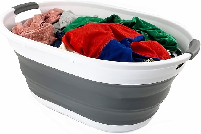 SAMMART 39L (10.3 gallons) Collapsible Plastic Laundry Basket - Foldable Washing Tub - Easy Storage & Pop Up Saving (White/Steel Grey) - Image 5