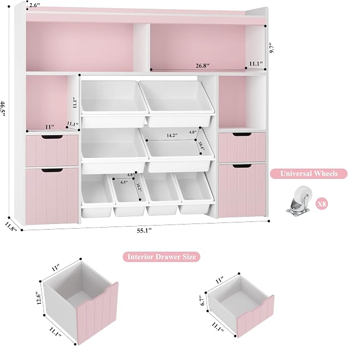 HORSTORS 55" W Toy Storage Organizer, Large Kids Bookshelf, Toy Box, Pink | 8 Plastic Storage Bins / 2 Removable Toy Storage Boxes / Open Shelves, Kids Bookcase with Drawers for Playroom, Kids Room - Image 3