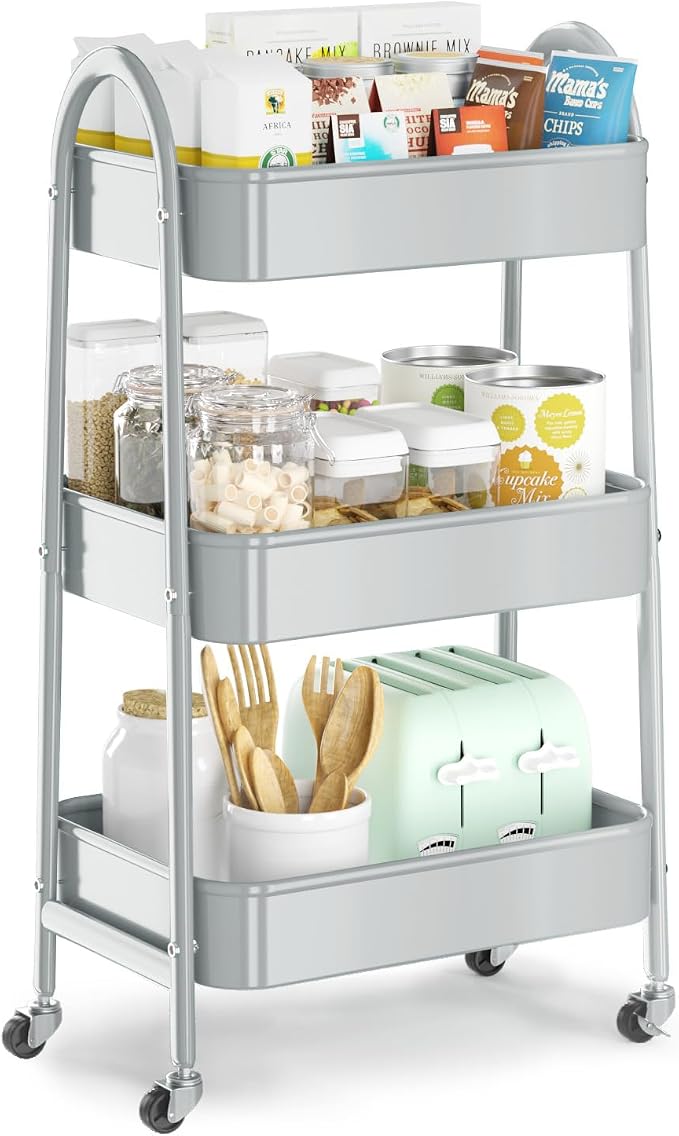 3 Tier Utility Rolling Cart, Metal Storage Cart with Handle and Lockable Wheels, Multifunctional Storage Organizer Trolley with Mesh Baskets for Kitchen, Living Room, Office, Garage (Grey) by EAGMAK