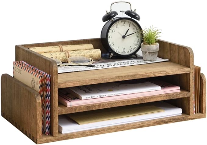 KIRIGEN Wood Desk Organizer, 5-Tray Letter Tray and Mail Sorter, Brown 2TP | Solid Wood 3-Tier Desktop Organizer with 5 Storage Areas for Mail, Folders, Letter Paper and Office Supplies, Fully Assembled by KIRIGEN