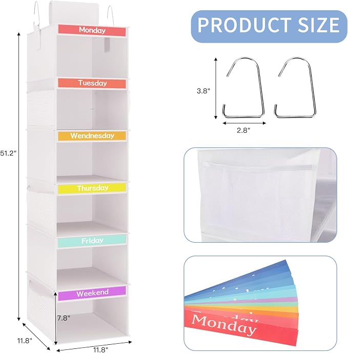 Fixwal Weekly Kids Clothes Organizer 2 Pack 6-Shelf Hanging Storage | Nonwoven Fabric, 6 Daily Shelves, 6 Mesh Side Pockets, 2 Metal Hooks, Foldable Design, for Kids Outfits and Accessories - Image 2