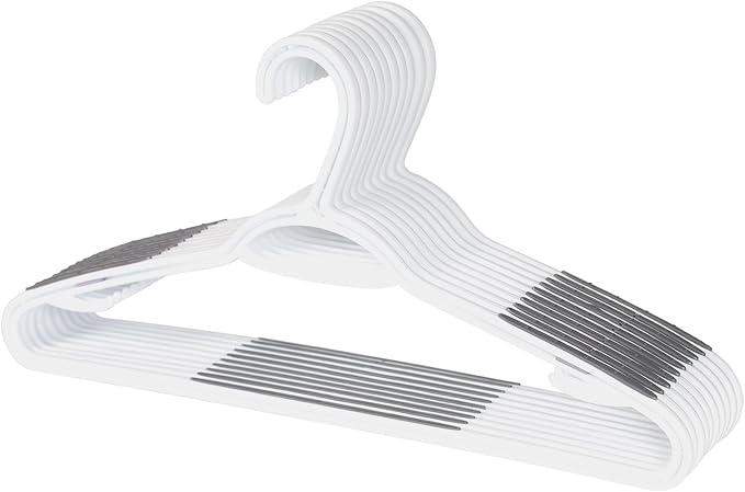 Neatfreak Slim Non Slip Hangers - Space Saving Set of 10 With Lingerie Hooks and Pants/Accessories Bar - Patented W Frame White Plastic Hangers by NEATFREAK