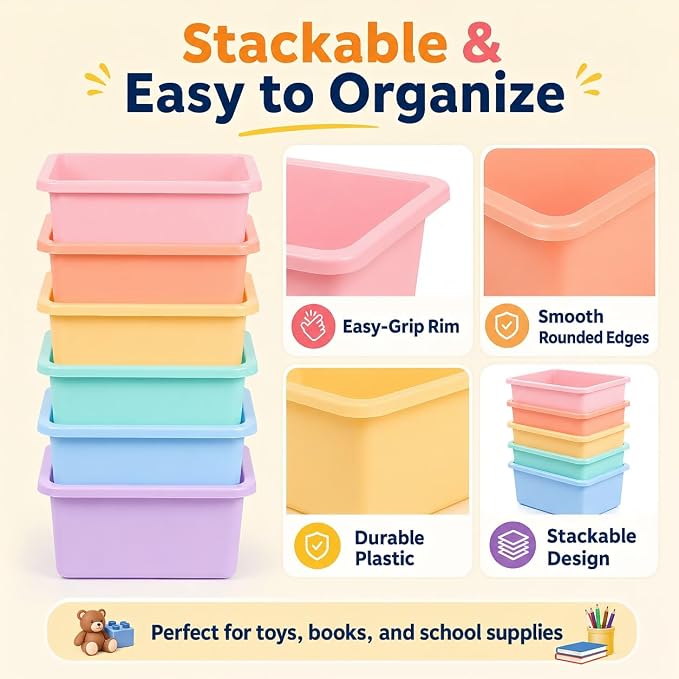 6 Pack Plastic Cubby Bins for Classroom Stackable Book Bins Plastic Classroom Cubby Organization Storage Containers Toy Storage Cubbies for Library School Office Home Nursery Playroom (Pastel) - Image 3