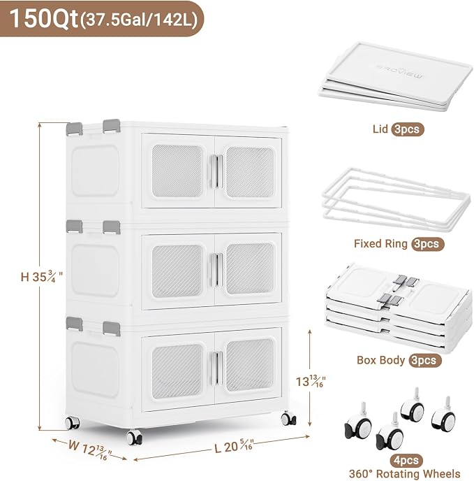 BROVIEW 150 Qt Extra Large Stackable Storage Bin with Lids, 3 Pack White | 37.5Gal Extra Large, Collapsible Storage Boxes with 3 Lids, Folding& Rolling Plastic Drawer, Heavy-Duty Cabinet Organization - Image 2