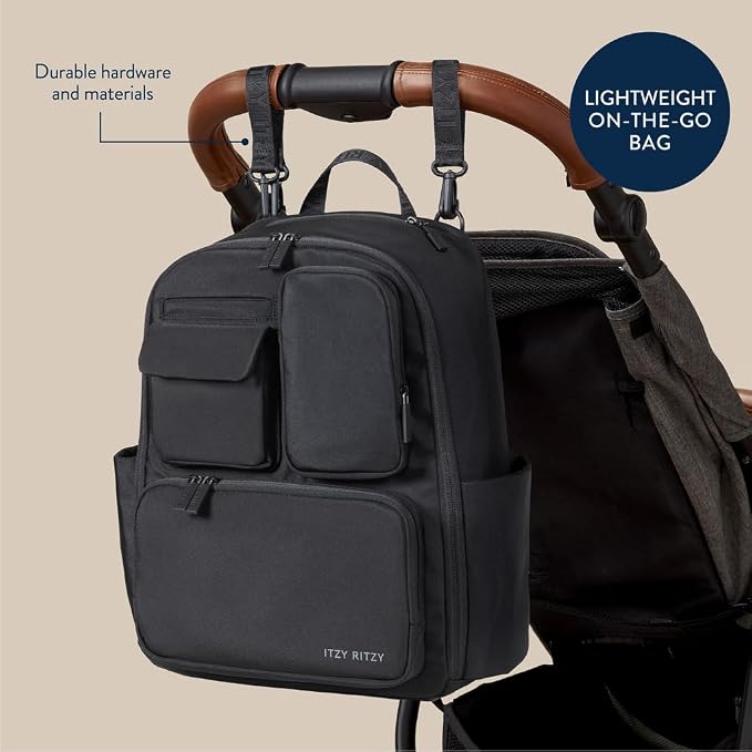 Itzy Ritzy Utility Diaper Bag Backpack, 17 Pockets w/Changing Pad (Black) | Travel-Ready Diaper Backpack with 2 Insulated Bottle Holders, Laptop Compartment, Trolley Sleeve, Straps, and Changing Pad - Image 5