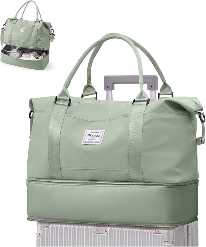 Travel Duffel Weekender Bag Women Tote Carry On Bags With Shoe Compartment | 18x14x8 inches Travel Overnight Bags with Trolley Sleeve for Airplanes Sport Tote Gym for Men Lightweight Daypack-BeigeGreen by VECAVE