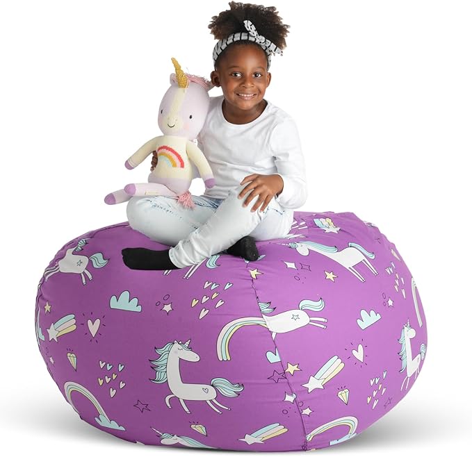 Stuff ’n Sit Extra Large 38’’ Bean Bag Storage Cover for Stuffed Animals & Toys, Giant Beanbag Chair for Kids Ages 3-14, Bedroom Organizer, Purple Unicorn by CreativeQT