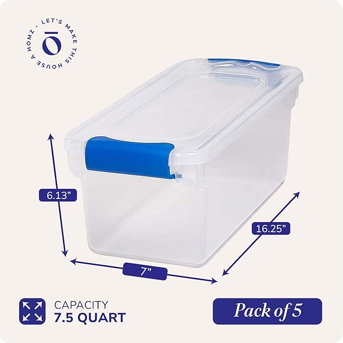 HOMZ Clear Plastic Storage Bins w/Latching Lid, 7.5 Qt, Blue, 5 Pack | Stackable Container Set for Home, Office Shelves, Kitchen, Garage, and Bathroom Organization - Image 4
