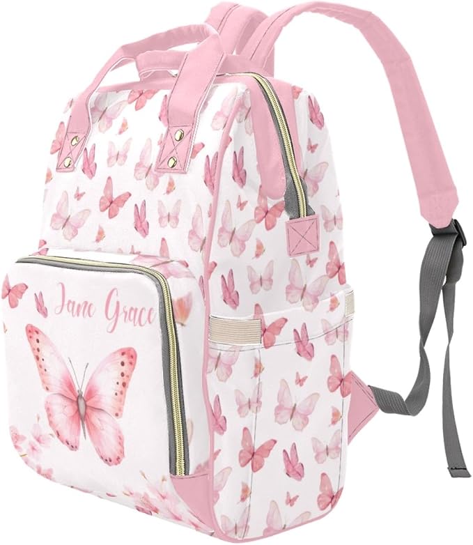 Custom Baby Diaper Bags with Name, Butterfly Pink Personalized Diaper Bag Backpack Mommy Bag Diaper Nappy Bags Casual Daypack Travel Shoulder Bag for Mom - Image 2