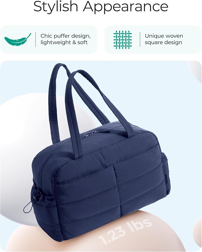 BAGSMART Gym Bag for Women, Lightweight Puffer Duffle Bag 2-PC Travel Bag, 31L Weekender Overnight Bag Quilted Carry On Tote Bag, Diaper Hospital Dance Bag for Travel, Gym, Water Resistant, Navy Blue - Image 7
