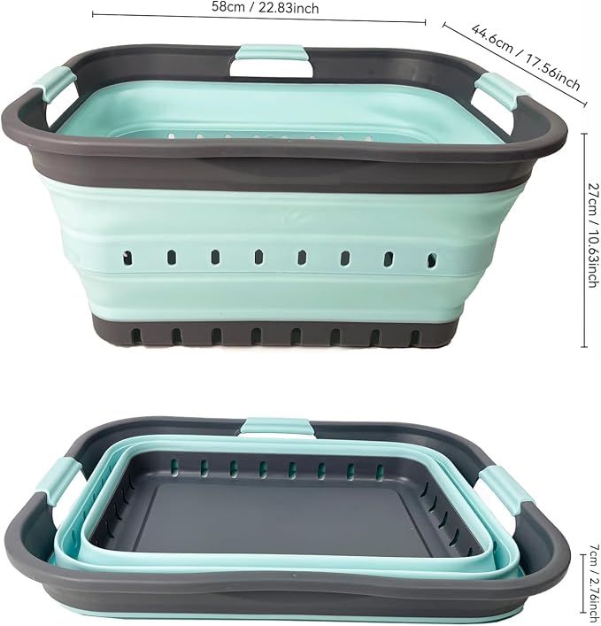 SAMMART 42 (11 Gallons) Collapsible Plastic Laundry Basket, Foldable Pop Up Storage Container/Organizer, Space Saving Hamper, Portable Bin for Dorm Room Bathroom (2, Grey/Lake Green) - Image 9