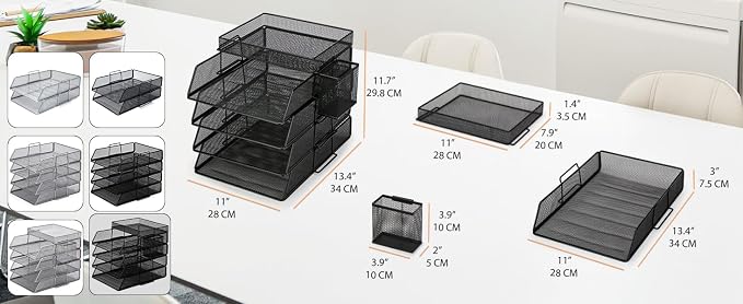 EXERZ Paper Trays Stackable 6pcs including 4 x Sorters, 1 x Top Tray,1 x Side Basket - Metal Desk Organiser/File Holder - Office, School - Image 4