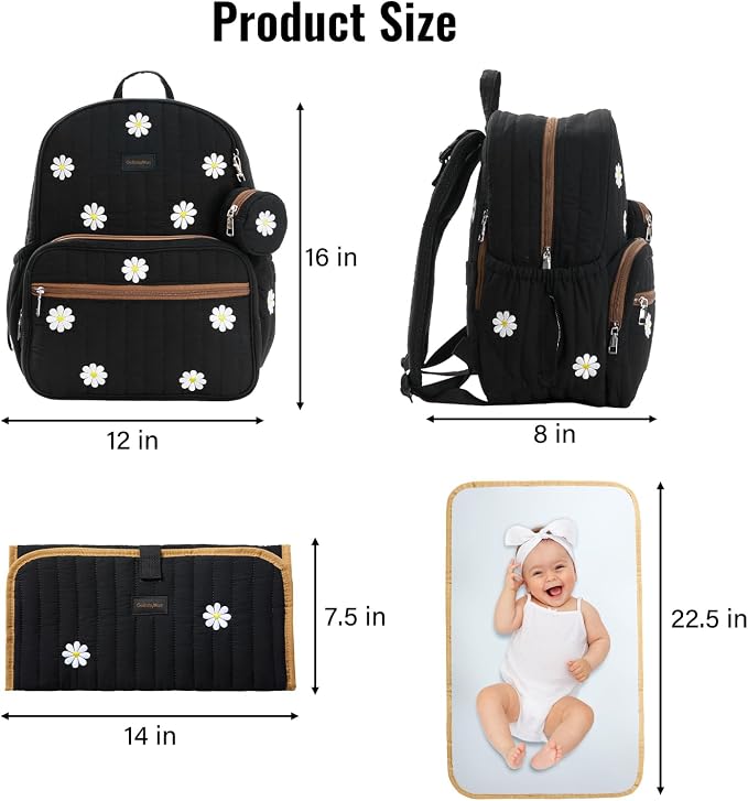 Large Diaper Bag Backpack with Changing Pad, Insulated Bottle Pockets, Travel & Hospital Bag for Mom & Dad (Large - Black Flowers) - Image 6