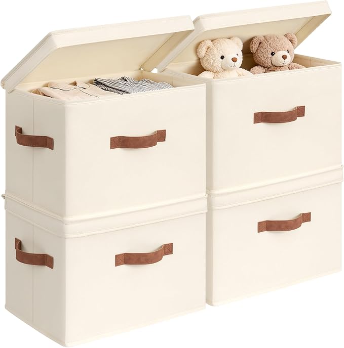 CHICVITA 4-Pack Medium Fabric Storage Baskets with Lids for Shelves,Ivory | 15" x 9.8" x 10.2" Closet Storage Bins with Durable Support Plate, Toy Storage with Handles for Playroom by CHICVITA