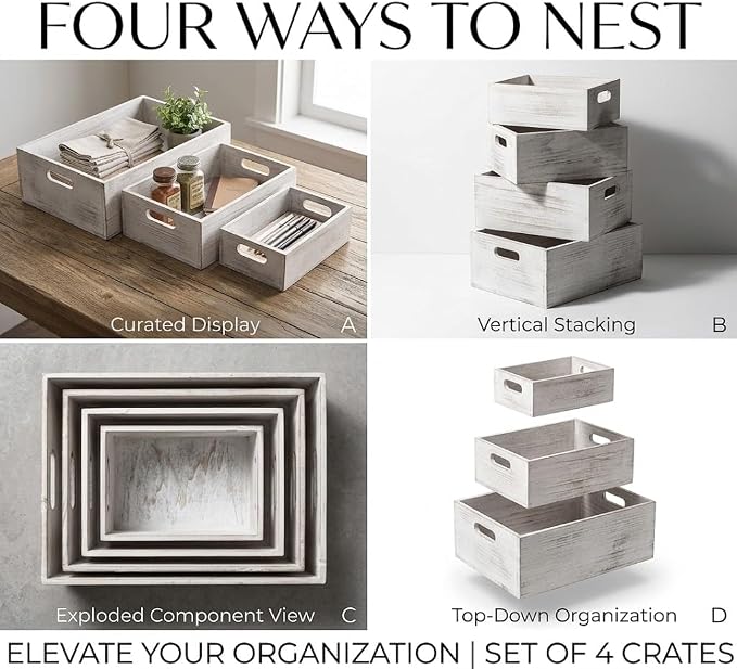 4 Pack Nesting Wooden Crates with Handles - Whitewashed Decorative Boxes | Farmhouse Rustic Wood Crate for Storage and Display, Shelf Organization, Home Decor, Pantry Organizer, Open Top Design - Image 9