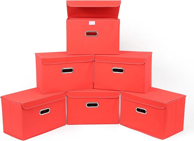 STOREONE Fabric Storage Cube Bins Foldable Organizer Container Collapsible Basket with Lids and Metal Handles, for Home, Bedroom, Closet 6 Pcs (Red) by STOREONE