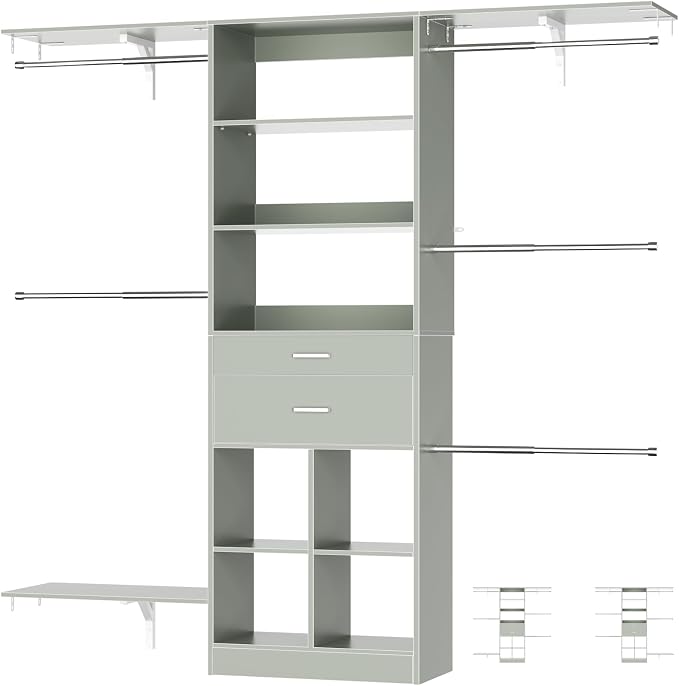 Small Closet System - 5FT Closet Organizer System with Wooden Drawers, 60 Inches Walk In Closet System With 5 Hanging Rods, Can Fit 1.58 to 6.8 FT with Reversible Hanging Shelving, Crab Green - Image 9