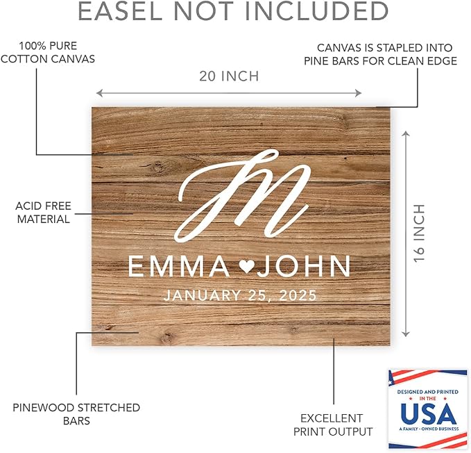 Andaz Press Custom Large Canvas Wedding Guest Book Alternative, 16 x 20 Inches, Rustic Wood Script Monogram Horizontal Personalized Sign Our Canvas Guest Book Signs For Wedding Rustic Woodland Theme - Image 2